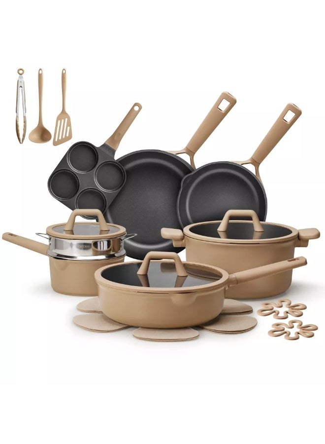 Carote 21-Piece Nonstick Cookware Set, PFOA-Free Healthy Cooking Set, Skillets, Saucepan, Sauté Pan, Casserole, Steamer & 4-in-1 Pan, All Kitchen Stovetop Compatible, Dishwasher Safe (Taupe) - Image 1